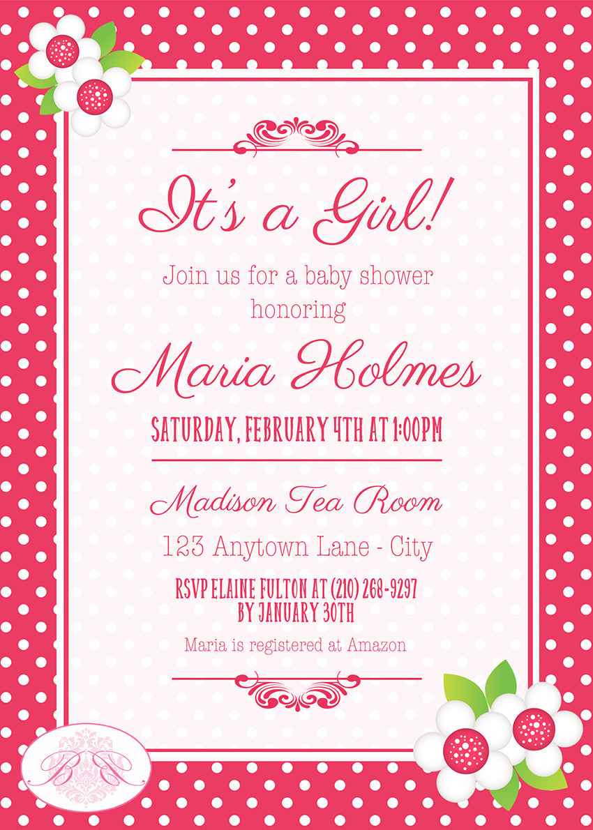 Pink Floral Baby Shower Invitation Party Polka Dot Flowers Boogie Bear  Invitations Maria Theme Paperless Printable Printed, image size:850x1190