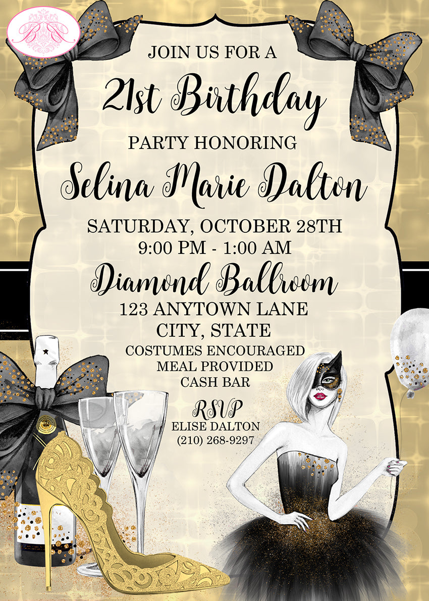 Masquerade Birthday Party Invitation Black Gold Formal Girl Boogie Bea Boogie Bear Invitations Masquerade Birthday Party Invitation Black Gold Formal Girl Boogie Bea Boogie Bear Invitations