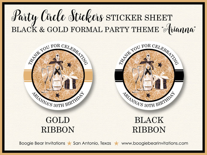Black Gold Formal Party Stickers Circle Sheet Round Birthday New Years Eve Boogie Bear Invitations Arianna Theme