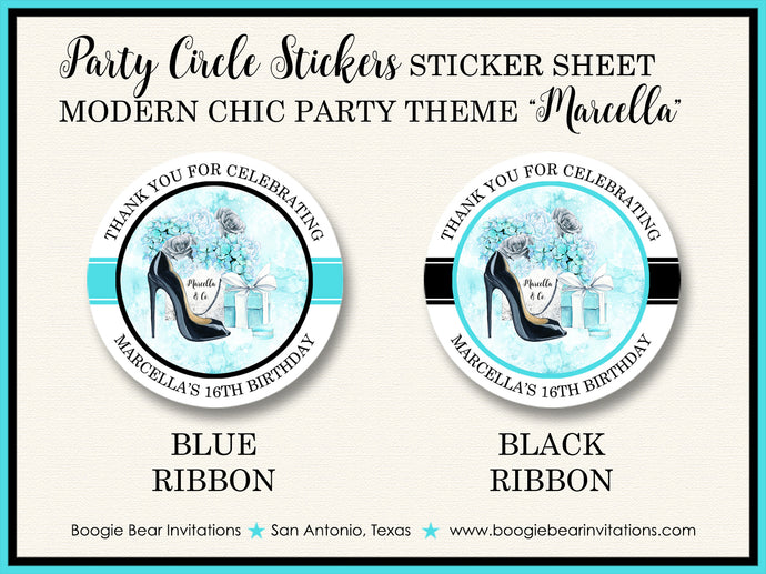 Fashion Chic Party Stickers Circle Sheet Round Birthday High Heels Shoes Aqua Blue Boogie Bear Invitations Marcella Theme