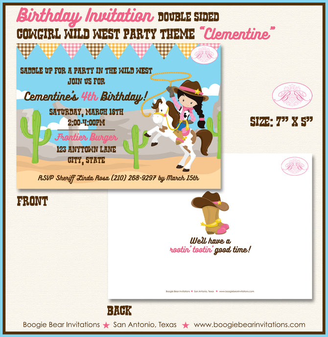 Cowgirl Wild West Birthday Party Invitation Girl Boogie Bear Invitations Clementine Theme Paperless Printable Printed
