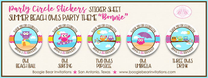 Summer Beach Owls Party Stickers Circle Sheet Birthday Swimming Boogie Bear Invitations Bonnie Theme