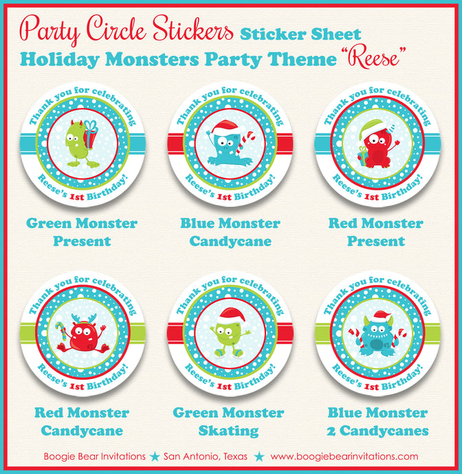 Christmas Monsters Party Circle Stickers Birthday Winter Boogie Bear Invitations Reese Theme