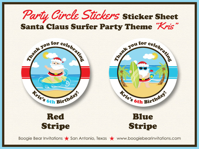 Santa Claus Surfer Birthday Party Stickers Circle Sheet Beach Christmas Boogie Bear Invitations Kris Theme