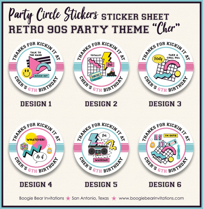 Retro 90s Party Circle Stickers Birthday 1990s Girl Boogie Bear Invitations Cher Theme