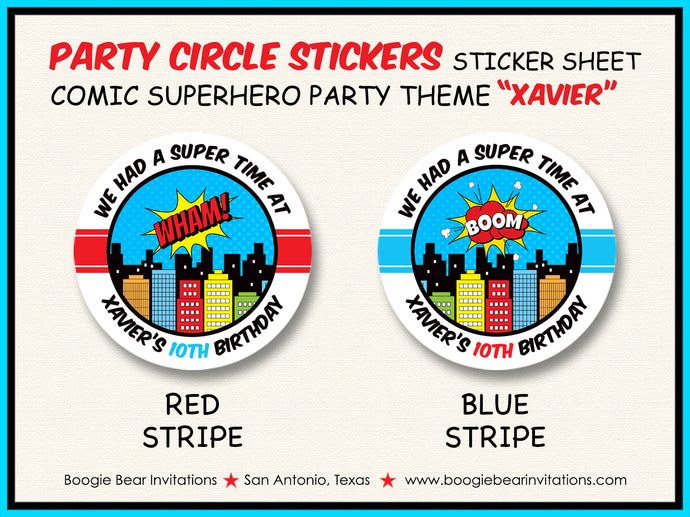 Superhero Birthday Party Stickers Circle Sheet Round Super Hero Comic Boogie Bear Invitations Xavier Theme