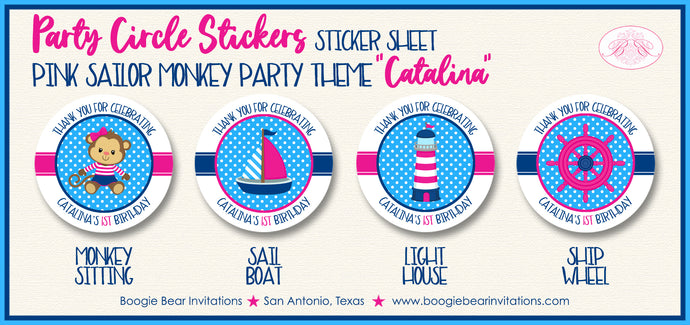 Sailor Monkey Party Circle Stickers Birthday Pink Boogie Bear Invitations Catalina Theme