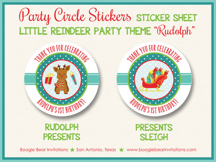 Little Reindeer Birthday Party Stickers Circle Sheet Round Circle Winter Christmas Boogie Bear Invitations Rudolph Theme