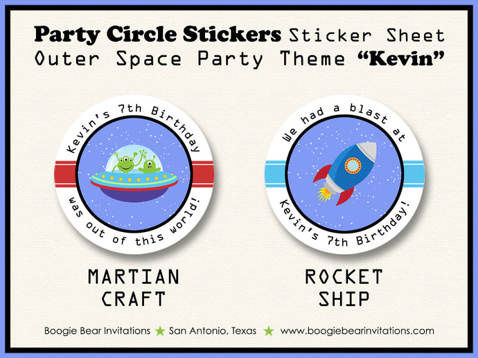 Outer Space Birthday Party Stickers Circle Sheet Round Martian UFO Boogie Bear Invitations Kevin Theme