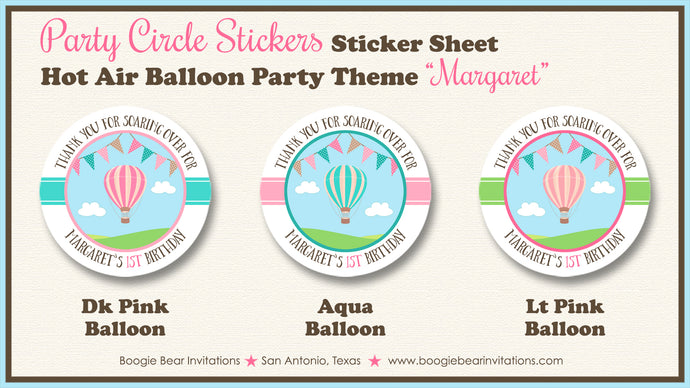 Hot Air Balloon Party Stickers Circle Sheet Round Birthday Pink Girl Boogie Bear Invitations Margaret  Theme