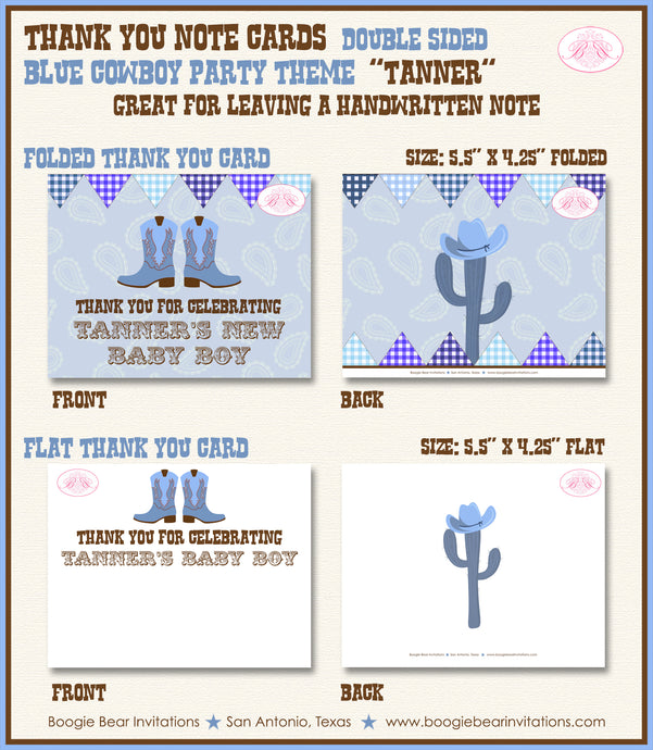 Blue Cowboy Party Thank You Card Baby Shower Boots Hat Boogie Bear Invitations Tanner Theme Printed