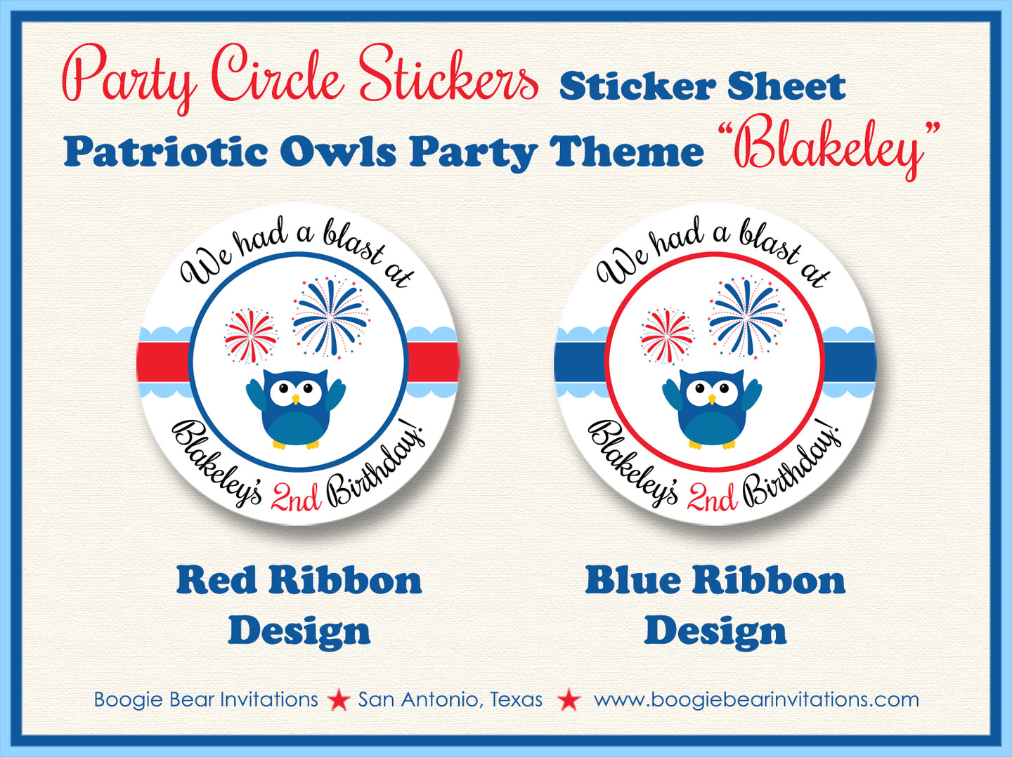 4th of July Birthday Party Stickers Circle Sheet Round Owls Boogie Bear Invitations Blakeley Theme
