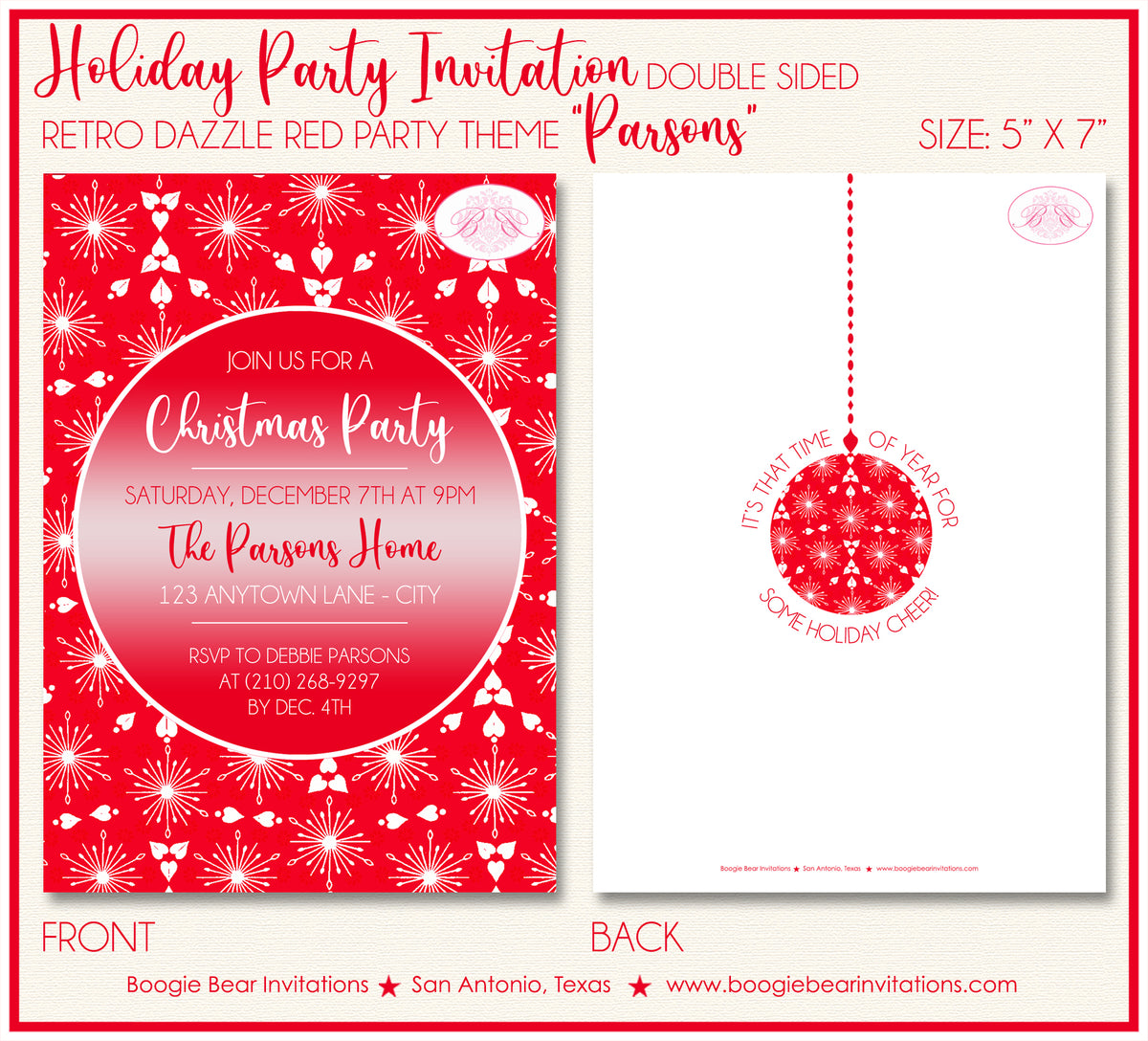 Retro Red Winter Holiday Party Invitation Ornament Dazzle Star Christm –  Boogie Bear Invitations, image size:1200x1088