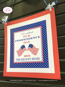 4th of July Birthday Party Door Banner Boy Girl Red White Blue American Flag Independence Day USA Boogie Bear Invitations Hamilton Theme