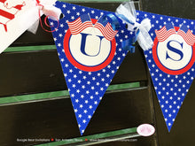 Load image into Gallery viewer, 4th of July Independence Day Pennant I am 1 Banner Party Highchair Red White Blue Flag Stars Stripes Boogie Bear Invitations Hamilton Theme