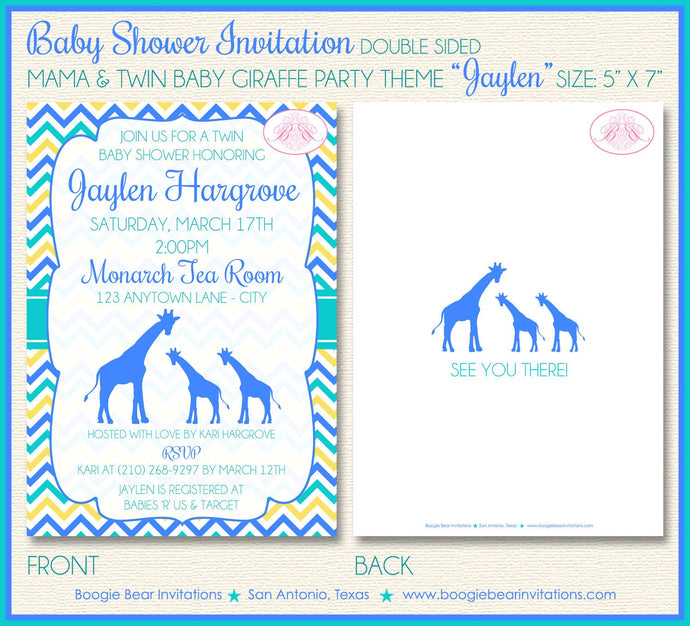 Twin Baby Giraffe Shower Party Invitation Boy Girl Silhouette Aqua Blue Boogie Bear Invitations Jaylen Theme Paperless Printable Printed