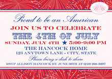 Load image into Gallery viewer, Fireworks 4th of July Party Invitation Red White Blue Independence Day Boogie Bear Invitations Hancock Theme Paperless Printable Printed