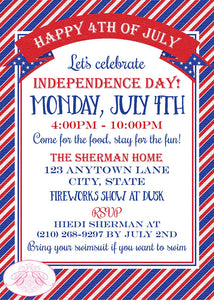 4th of July Stripes Party Invitation Red White Blue Stars Independence Day Boogie Bear Invitations Sherman Theme Paperless Printable Printed
