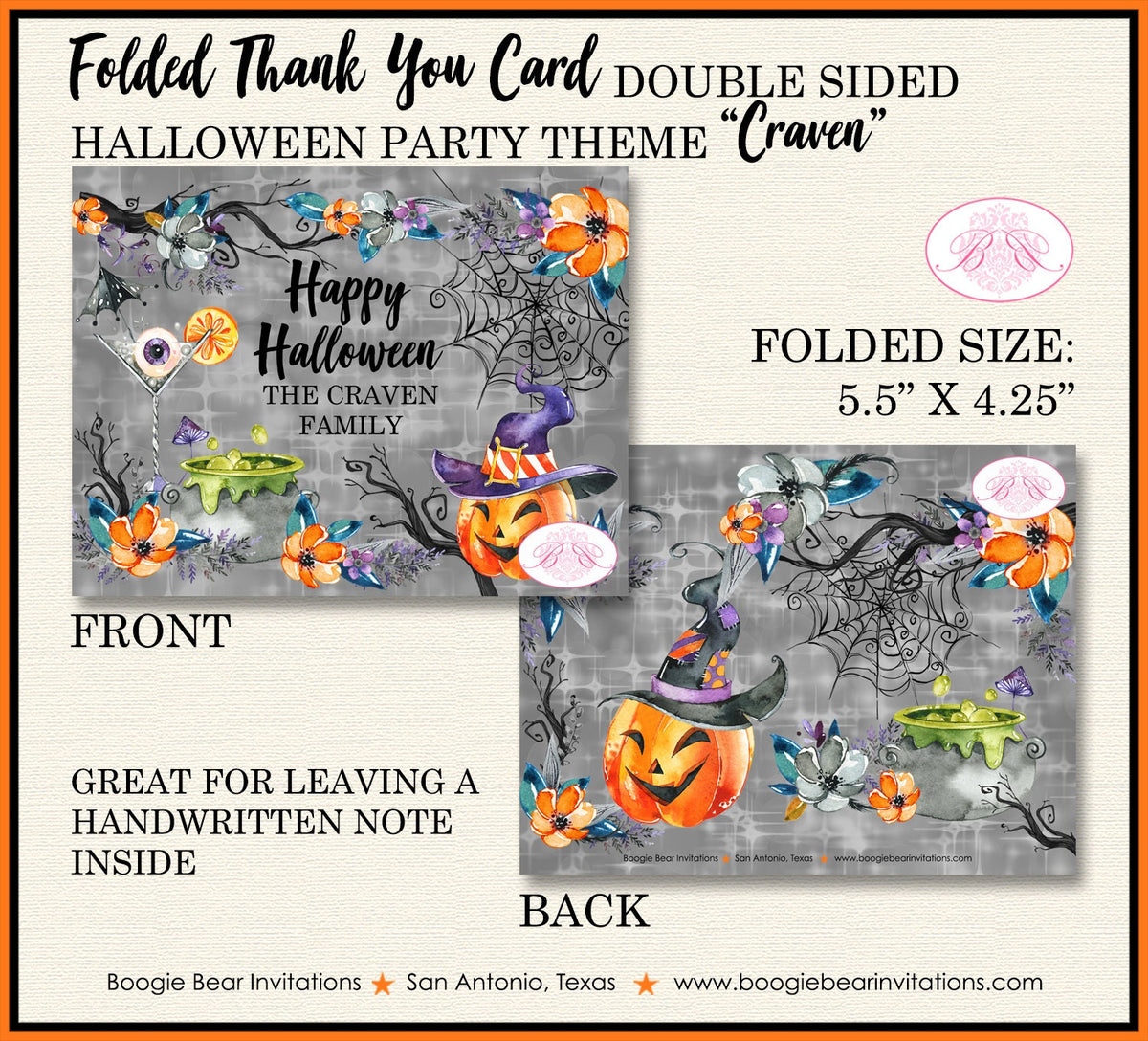 Halloween Witch Party Thank You Card Note Gift Pumpkin Cocktail Spider – Boogie Bear Invitations for Free Printable Halloween Thank You Cards