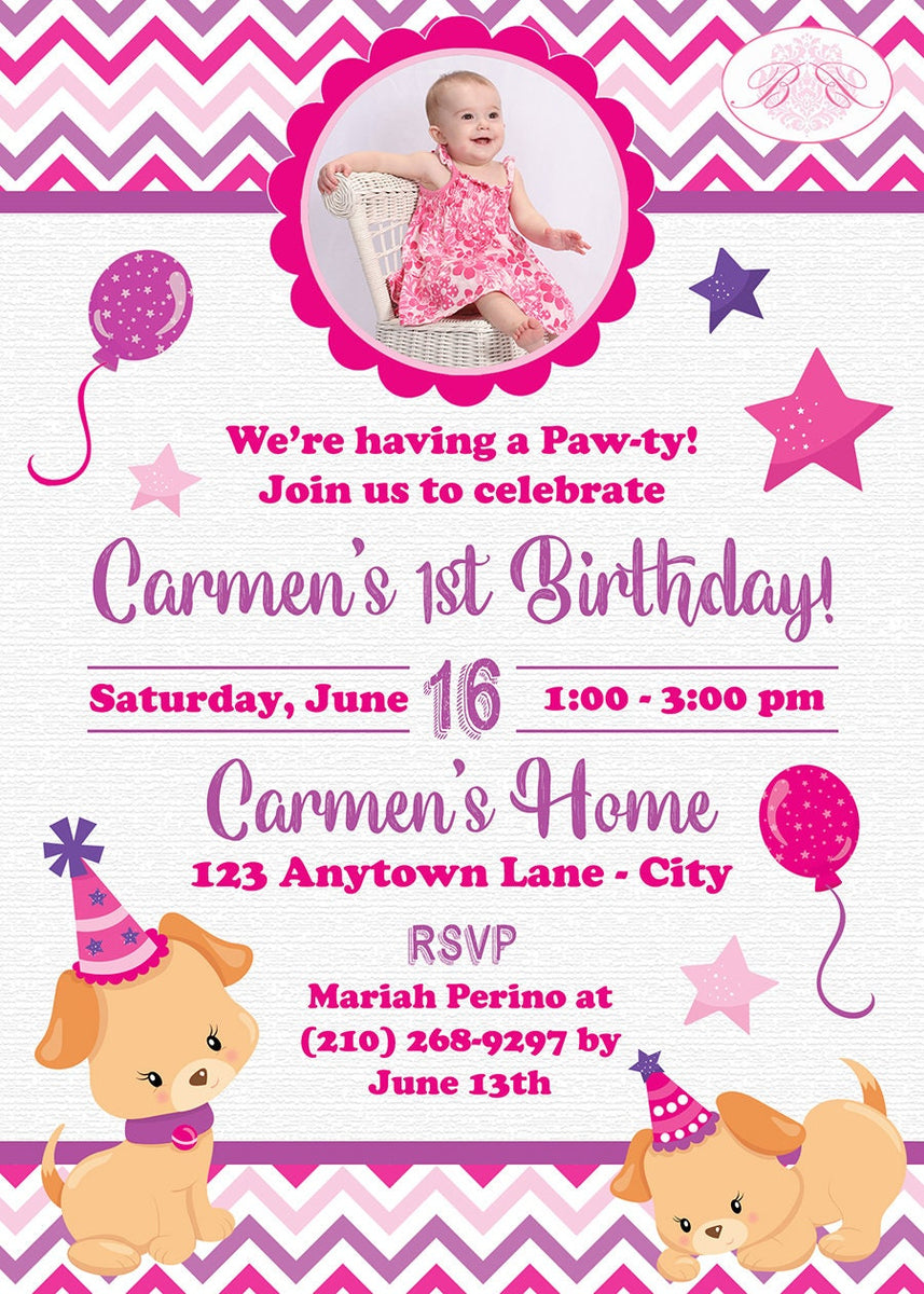 Pink Puppy Birthday Party Invitation Photo Girl Dog Purple Pet Paw Paw ...