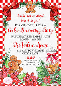 Cookie Decorating Christmas Party Invitation Red Gingerbread Poinsettia Bow Boogie Bear Invitations Wilson Theme Paperless Printable Printed