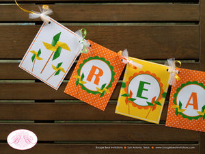 Pinwheel Birthday Party Package Orange Green Yellow Retro Boy Girl Breezy Garden Picnic Outdoor Summer Boogie Bear Invitations Reagan Theme