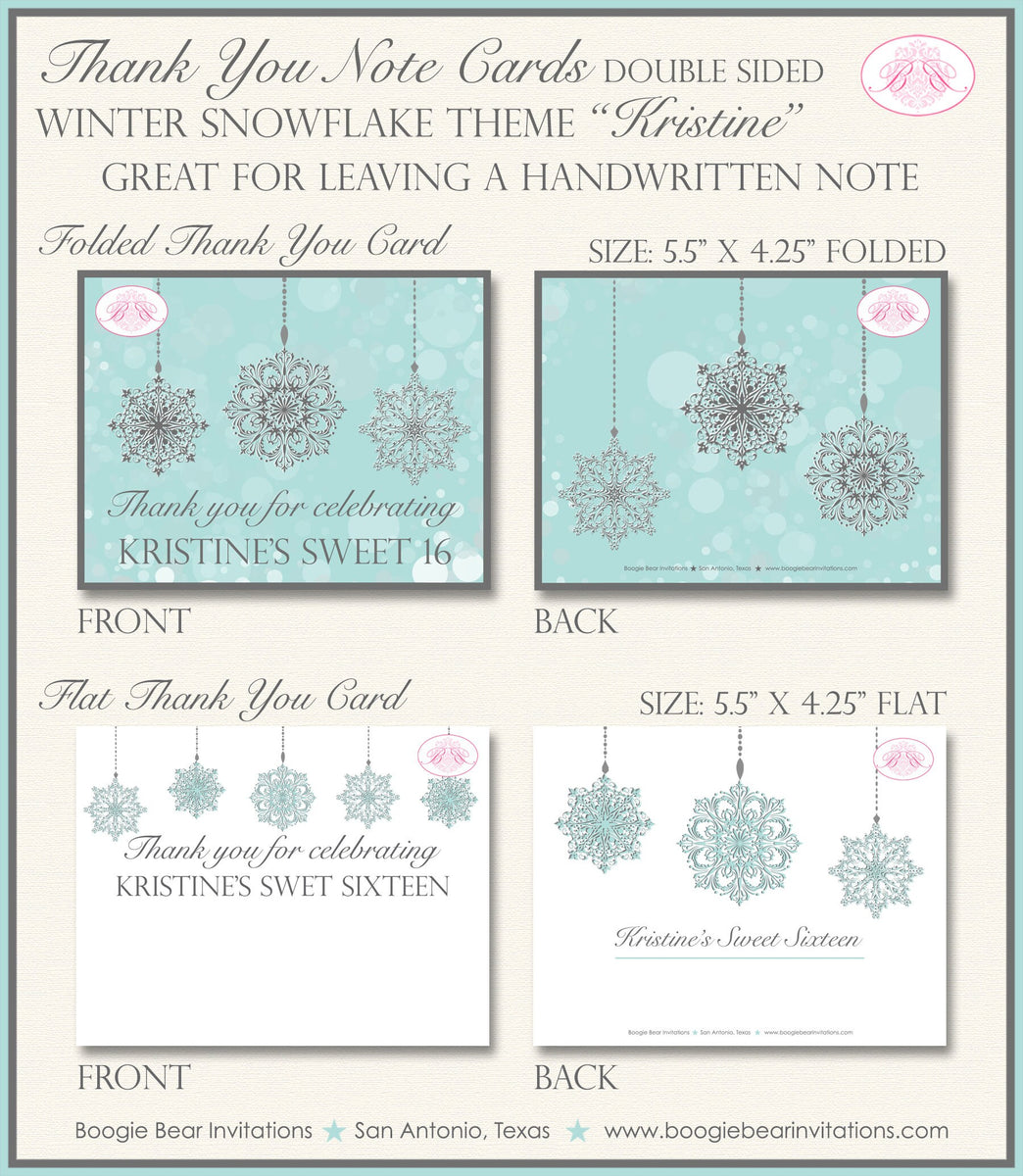 Winter Snowflake Birthday Thank You Card Party Note Flat Folded Orname ...