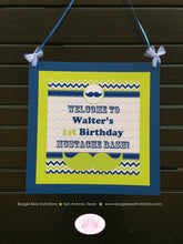 Load image into Gallery viewer, Mustashe Bash Birthday Party Package Boy Happy Door Banner Lime Green Aqua Blue Cheveron Little Man Boogie Bear Invitations Walter Theme