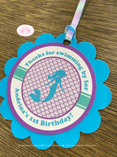 Load image into Gallery viewer, Mermaid Birthday Party Favor Tags Treat Bag Pool Purple Aqua Blue Swim Swimming Ocean Splash Beach Boogie Bear Invitations Andrina Theme