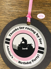 Load image into Gallery viewer, Pink ATV Birthday Party Favor Tags Circle All Terrain Vehicle 4 Wheeler Off Road Quad Girl Race Track Boogie Bear Invitations Adeline Theme