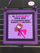 Load image into Gallery viewer, Super Girl Birthday Party Package Superhero Pink Purple Black Comic Hero Supergirl Cape Retro Skyline Boogie Bear Invitations Alayna Theme