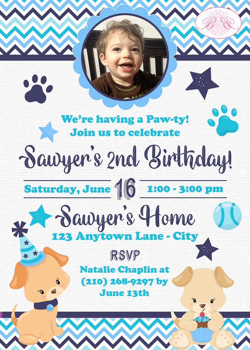 Blue Puppy Birthday Party Invitation Photo Boy Girl Dog Pet Paw Pawty ...