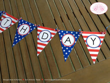 Load image into Gallery viewer, 4th of July Happy Birthday Party Banner Pennant United States Independence Day Large Boogie Bear Invitations Devon Theme Ribbon Laminated