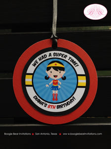 Super Girl Birthday Party Favor Tags Superhero Hero Red Yellow Blue Skyline Comic Retro Wham Boom Woman Boogie Bear Invitations Diana Theme