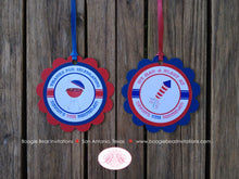 Load image into Gallery viewer, 4th of July Birthday Party Favor Tags Girl Boy Happy Summer Patriotic Red White Blue Fireworks BBQ Boogie Bear Invitations Devon Theme