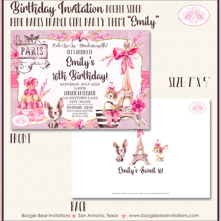 Pink Paris France Birthday Party Invitation Girl Boogie Bear Invitations Emily Theme Paperless Printable Printed