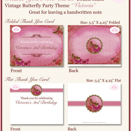 Vintage Butterfly Party Thank You Cards Birthday Garden Boogie Bear Invitations Victoria Theme Printed