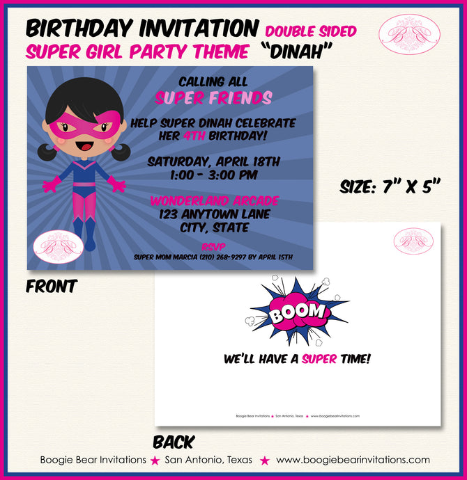 Super Girl Birthday Party Invitation Pink Superhero Boogie Bear Invitations Dinah Theme Paperless Printable Printed