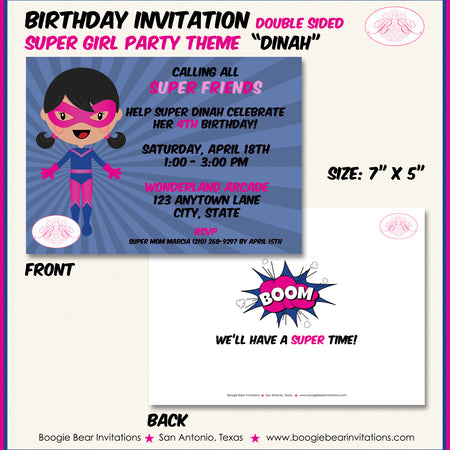 Super Girl Birthday Party Invitation Pink Superhero Boogie Bear Invitations Dinah Theme Paperless Printable Printed