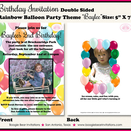 Balloons Photo Birthday Party Invitation Rainbow Colorful Painting Girl Boy Boogie Bear Invitations Baylee Theme Paperless Printable Printed