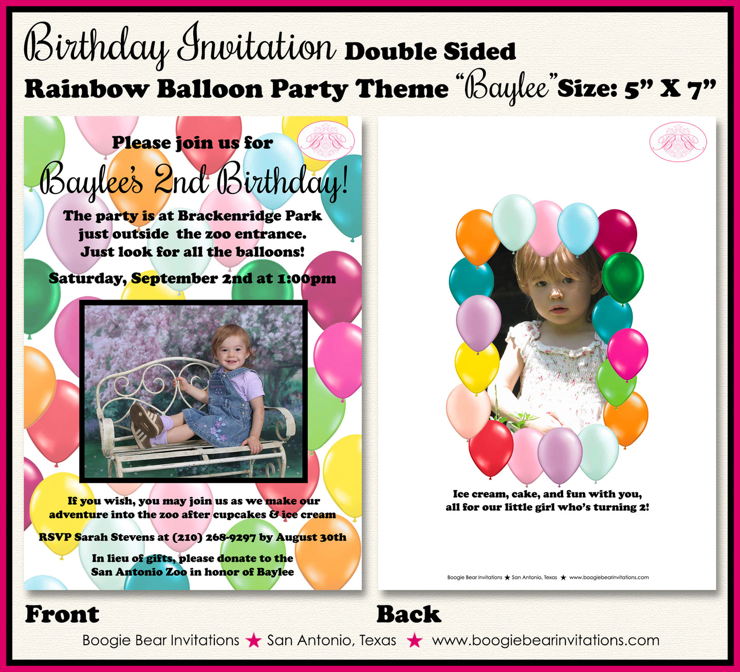 Balloons Photo Birthday Party Invitation Rainbow Colorful Painting Girl Boy Boogie Bear Invitations Baylee Theme Paperless Printable Printed
