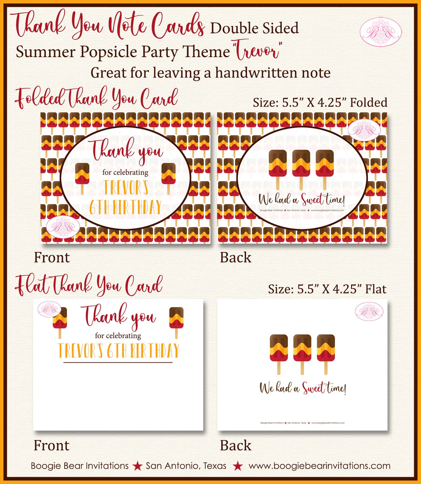 Popsicle Birthday Party Thank You Card Retro Ice Cream Boogie Bear Invitations Trevor Theme Printed