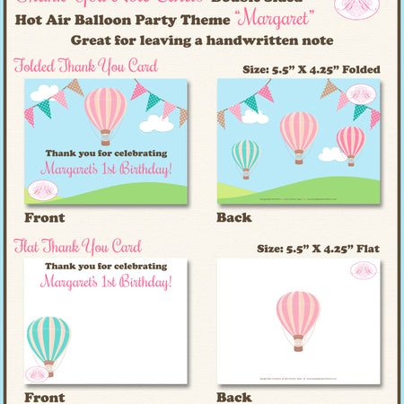 Hot Air Balloon Thank You Card Birthday Party Girl Pink Boogie Bear Invitations Margaret Theme Printed