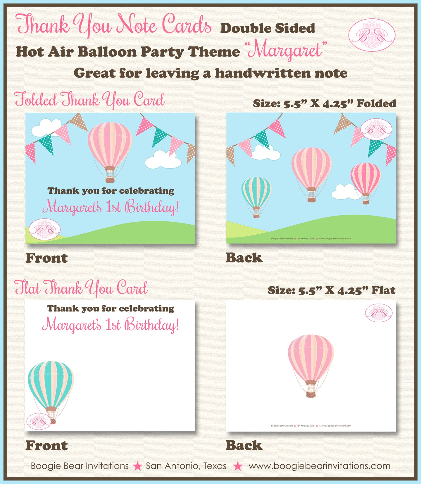 Hot Air Balloon Thank You Card Birthday Party Girl Pink Boogie Bear Invitations Margaret Theme Printed