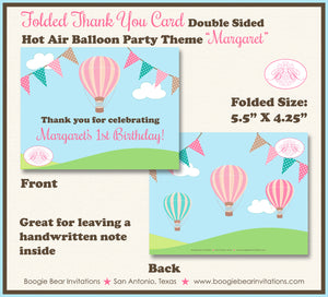 Hot Air Balloon Thank You Card Birthday Party Girl Pink Boogie Bear Invitations Margaret Theme Printed