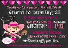 Load image into Gallery viewer, Chalkboard Pink Cowgirl Party Invitation Birthday Girl Horse Hat Boots Farm Boogie Bear Invitations Annie Theme Paperless Printable Printed