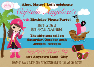 Pink Pirate Girl Party Invitation Birthday Swim Swimming Pool Sea Island Boogie Bear Invitations Angelica Theme Paperless Printable Printed