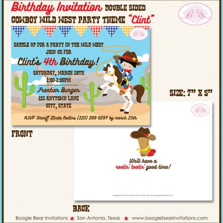 Cowboy Wild West Birthday Party Invitation Boy Boogie Bear Invitations Clint Theme Paperless Printable Printed