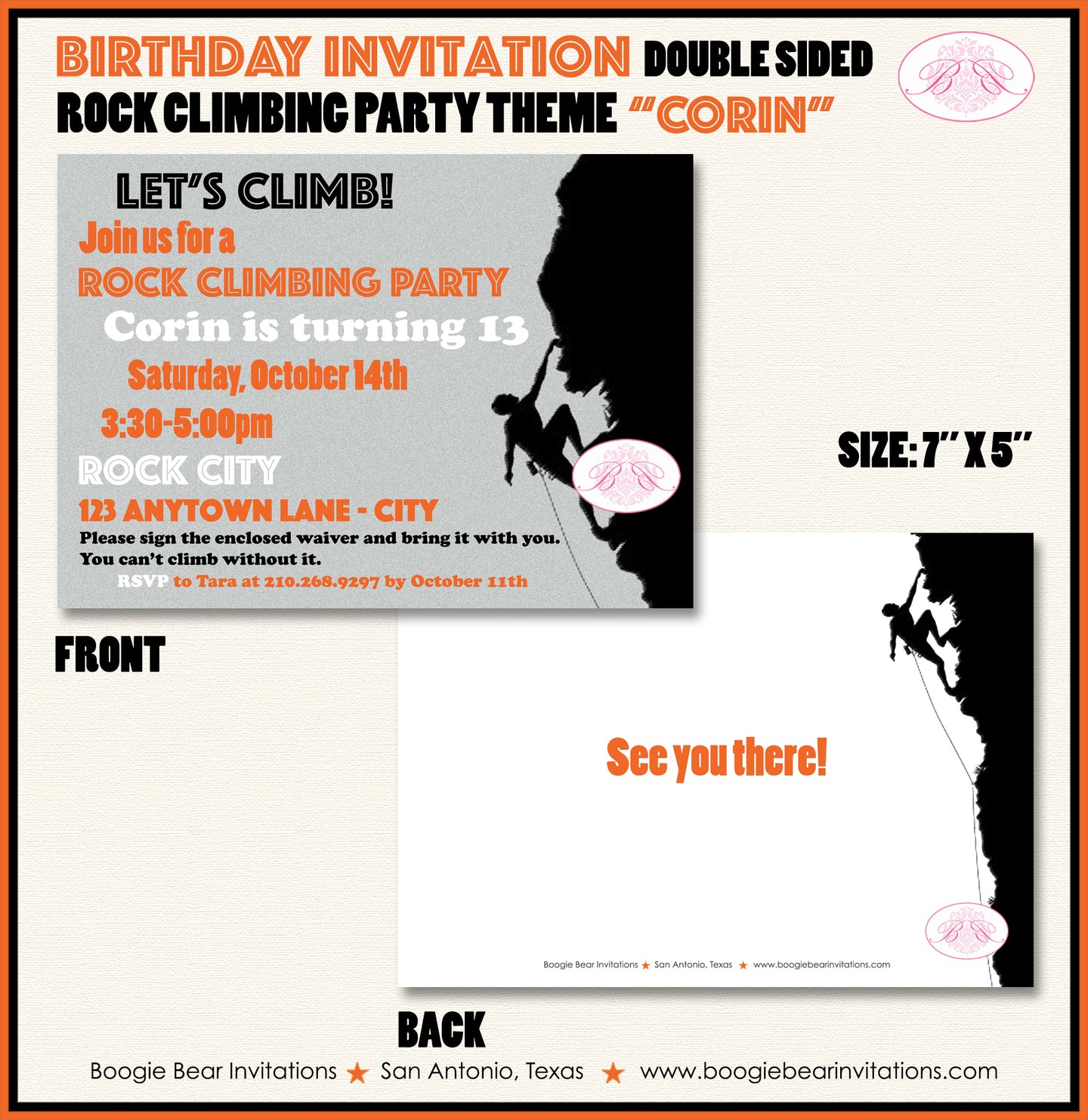 Rock Climbing Birthday Party Invitation Orange Boogie Bear Invitations Corin Theme Printed