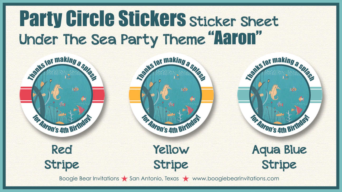 Under the Sea Party Stickers Circle Sheet Round Birthday Fish Swimming Boogie Bear Invitations Aaron Theme